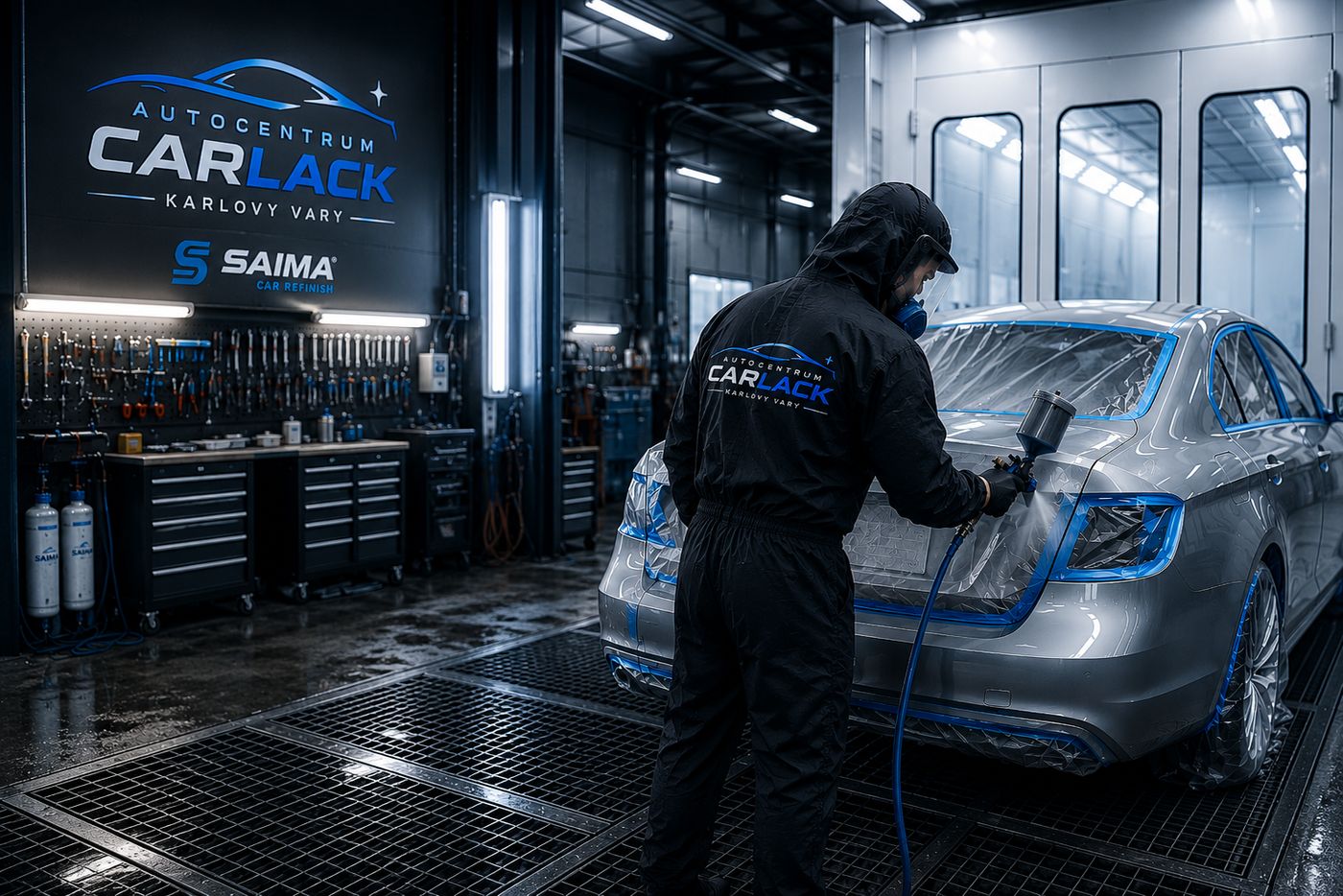 Lakovna Autocentra CARLACK v Karlových Varech – lakýrník při stříkání vozu, kabina SAIMA